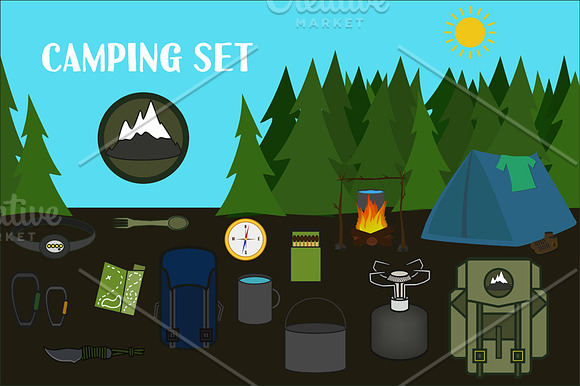 Day and Night Camping with equipment in Illustrations - product preview 2