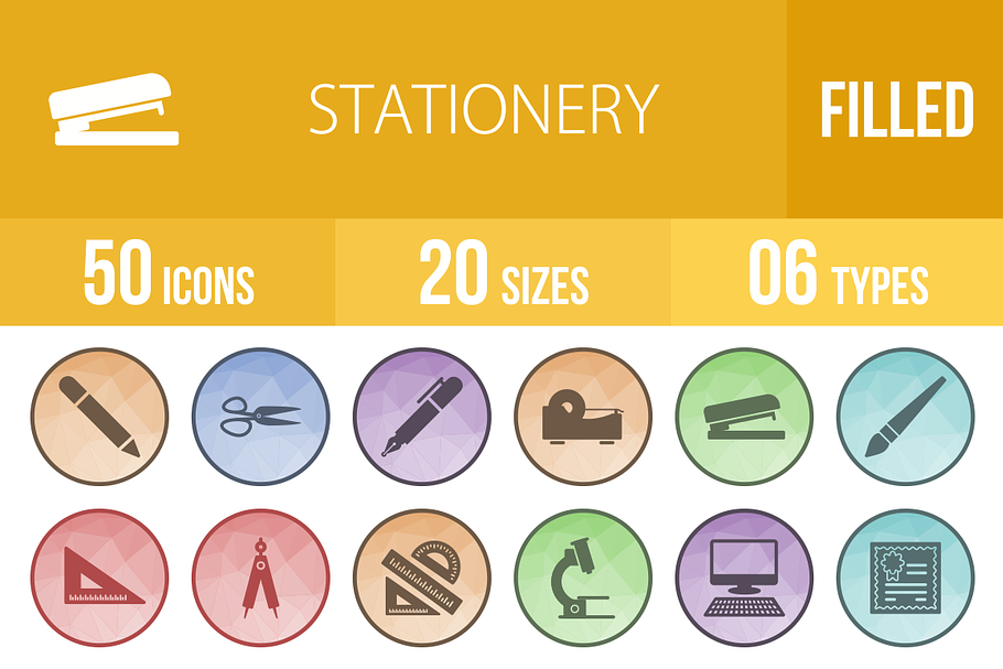 50 Stationery Low Poly B/G Icons