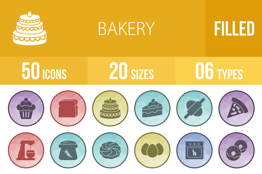 50 Bakery Filled Low Poly B/G Icons