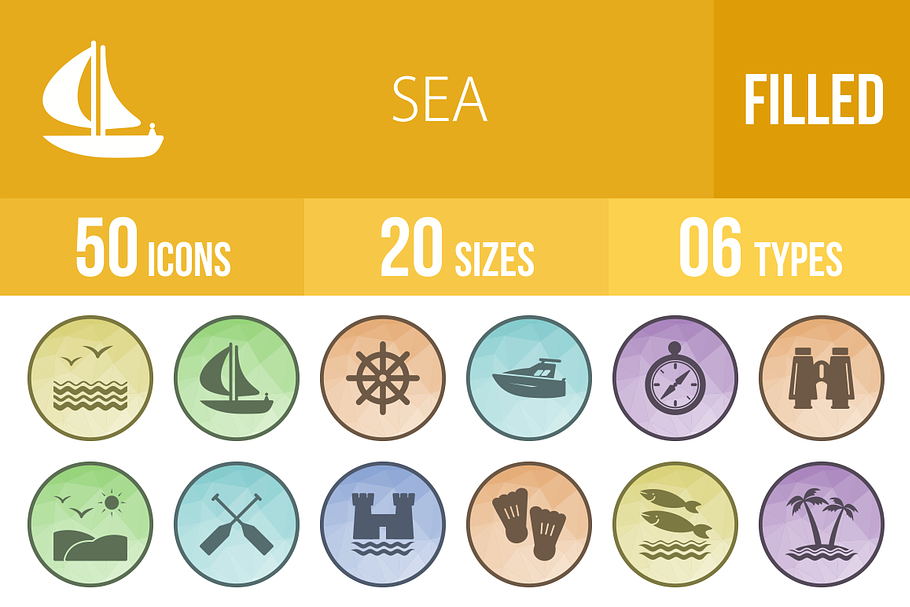 **50 Sea Filled low Poly B/G Icons**