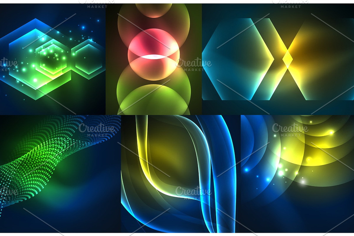 Glowing geometric shapes on dark abstract backgrounds in Illustrations - product preview 8