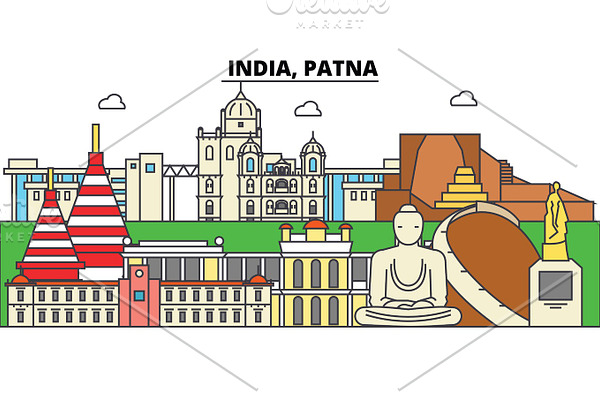 India, Patna, Hinduism. City skyline, architecture, buildings, streets, silhouette, landscape, panorama, landmarks. Editable strokes. Flat design line vector illustration concept. Isolated icons set