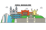 India, Bangalore, Hinduism. City skyline, architecture, buildings, streets, silhouette, landscape, panorama, landmarks. Editable strokes. Flat design line vector illustration concept. Isolated icons set
