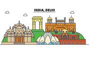 India, Delhi, Hinduism. City skyline, architecture, buildings, streets, silhouette, landscape, panorama, landmarks. Editable strokes. Flat design line vector illustration concept. Isolated icons set