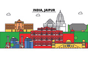 India, Jaipur, Hinduism. City skyline, architecture, buildings, streets, silhouette, landscape, panorama, landmarks. Editable strokes. Flat design line vector illustration concept. Isolated icons set