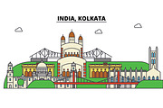India, Kolkata, Hinduism. City skyline, architecture, buildings, streets, silhouette, landscape, panorama, landmarks. Editable strokes. Flat design line vector illustration concept. Isolated icons set