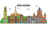 India, Mumbai, Hinduism. City skyline, architecture, buildings, streets, silhouette, landscape, panorama, landmarks. Editable strokes. Flat design line vector illustration concept. Isolated icons set