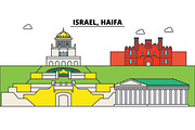 Israel, Haifa. City skyline, architecture, buildings, streets, silhouette, landscape, panorama, landmarks. Editable strokes. Flat design line vector illustration concept. Isolated icons set
