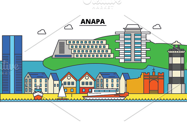 Russia, Anapa, black sea. City skyline, architecture, buildings, streets, silhouette, landscape, panorama, landmarks. Editable strokes. Flat design line vector illustration concept. Isolated icons set