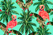 Flamingo,palm leaves,trees pattern
