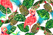 Flamingo,leaves,pineapples pattern