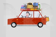 Man driving red car with luggage