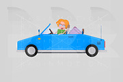Girl driving convertible blue car