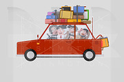 Family driving red car with luggage