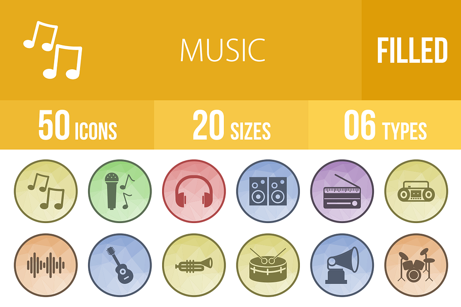 50 Music Filled Low Poly B/G Icons