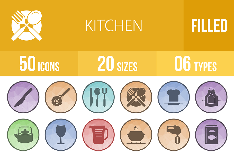 50 Kitchen Filled Low Poly B/G Icons