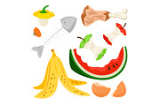 Organic waste, food compost rubbish isolated on white background. Banana and watermelon rind, fish bone and apple stump