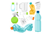 Plastic waste collection on white. Plastic bottles and another garbage, non-recyclable trash