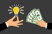 Hands with Money and Idea. Concept of exchanging ideas for dollars