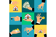 Buy House Hands vector illustration. Hand holds home or house key and money