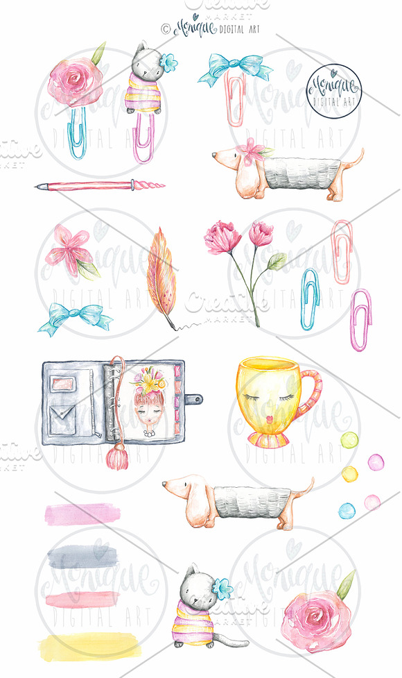 Kawaii Planner Clipart, watercolor in Illustrations - product preview 1