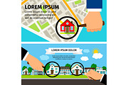 Search House Concept. Magnifying glass select with houses real estate and map