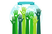 Save world ecology environmental concept. Green hands and blue Planet
