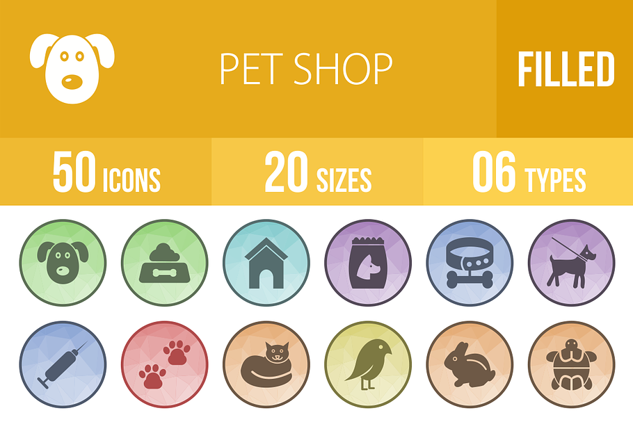 50 Pet Shop Low Poly B/G Icons