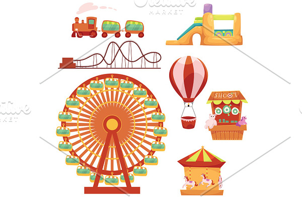 Amusement park set, cartoon vector illustration