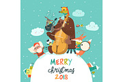 Cute Merry christmas card with animals, Santa and music