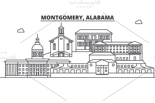 Alabama, Montgomery architecture line skyline illustration. Linear vector cityscape with famous landmarks, city sights, design icons. Landscape wtih editable strokes