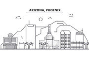 Arizona, Phoenix architecture line skyline illustration. Linear vector cityscape with famous landmarks, city sights, design icons. Landscape wtih editable strokes