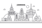 Cambodia architecture line skyline illustration. Linear vector cityscape with famous landmarks, city sights, design icons. Landscape wtih editable strokes