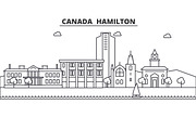 Canada Hamilton line skyline illustration. Linear vector cityscape with famous landmarks, city sights, design icons. Editable strokes