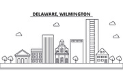 Delaware, Wilmington architecture line skyline illustration. Linear vector cityscape with famous landmarks, city sights, design icons. Landscape wtih editable strokes