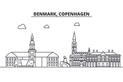 Denmark, Copenhagen architecture line skyline illustration. Linear vector cityscape with famous landmarks, city sights, design icons. Landscape wtih editable strokes