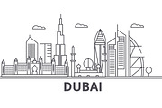 Dubai architecture line skyline illustration. Linear vector cityscape with famous landmarks, city sights, design icons. Landscape wtih editable strokes