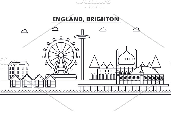 England, Brighton architecture line skyline illustration. Linear vector cityscape with famous landmarks, city sights, design icons. Landscape wtih editable strokes