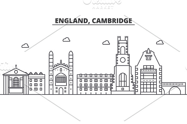 England, Cambridge architecture line skyline illustration. Linear vector cityscape with famous landmarks, city sights, design icons. Landscape wtih editable strokes