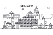 India, Jaipur architecture line skyline illustration. Linear vector cityscape with famous landmarks, city sights, design icons. Landscape wtih editable strokes