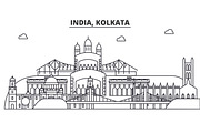 India, Kolkata architecture line skyline illustration. Linear vector cityscape with famous landmarks, city sights, design icons. Landscape wtih editable strokes