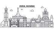 India, Mumbai architecture line skyline illustration. Linear vector cityscape with famous landmarks, city sights, design icons. Landscape wtih editable strokes