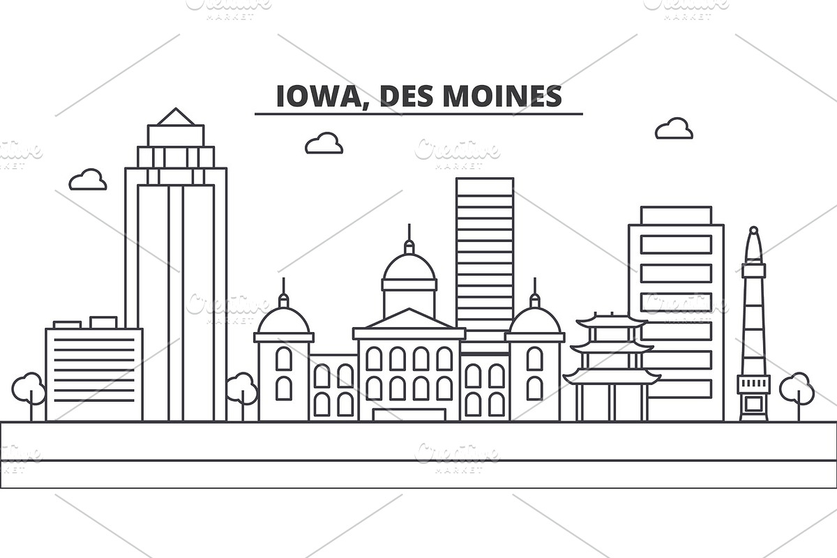 Iowa, Des Moines architecture line skyline illustration. Linear vector cityscape with famous landmarks, city sights, design icons. Landscape wtih editable strokes in Illustrations - product preview 8