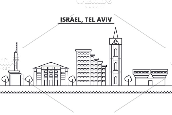Istael, Tel Aviv architecture line skyline illustration. Linear vector cityscape with famous landmarks, city sights, design icons. Landscape wtih editable strokes