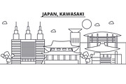 Japan, Kawasaki architecture line skyline illustration. Linear vector cityscape with famous landmarks, city sights, design icons. Landscape wtih editable strokes