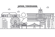 Japan, Yokohama architecture line skyline illustration. Linear vector cityscape with famous landmarks, city sights, design icons. Landscape wtih editable strokes