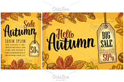 Poster AUTUMN lettering with set leaf and acorn. Vector engraving