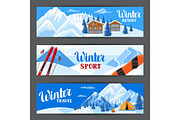 Winter ski resort banners. Beautiful landscape with alpine chalet houses, snowboard, snowy mountains and fir forest