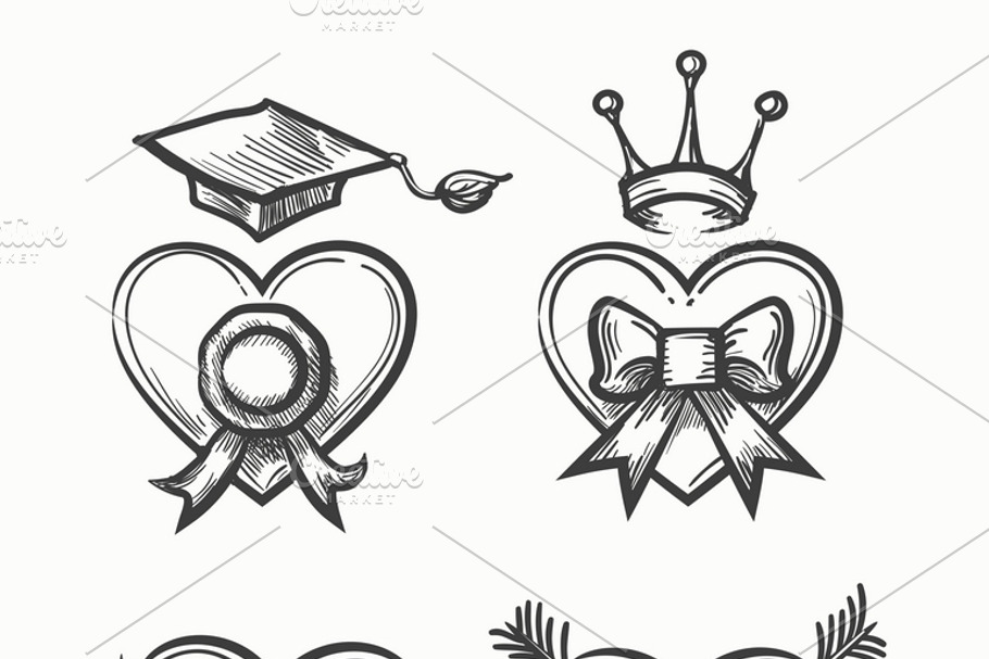 Hearts in tattoo sketch style in Illustrations - product preview 8