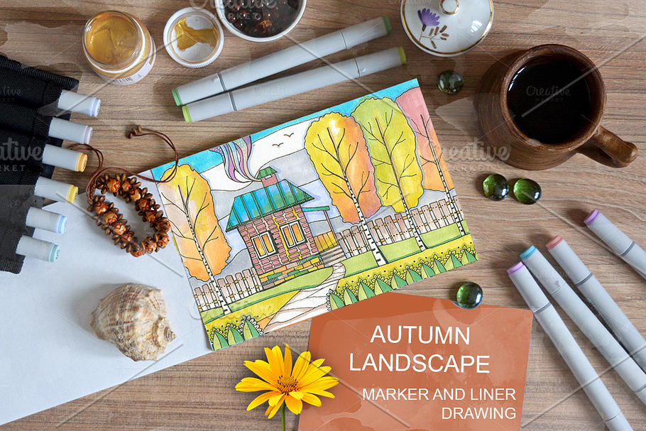 Autumn landscape, house and trees in Illustrations - product preview 8